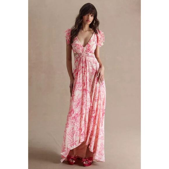 NEW NWT Mac Duggal 9161 Floral Flutter Cap-Sleeve Gown Pink Combo Size 8 - Picture 1 of 7